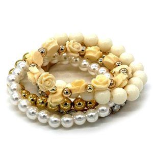 Bracelet Pearl Gold Cream Rhinestone Yellow Rose Set OS.